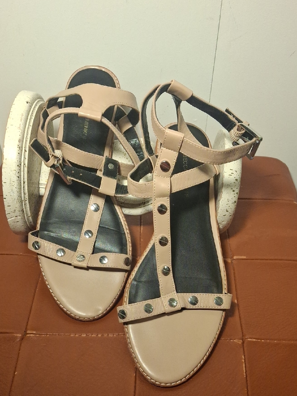 REBECCAMINKOFF Studded T-Strap Nude Leather Sandals - Women